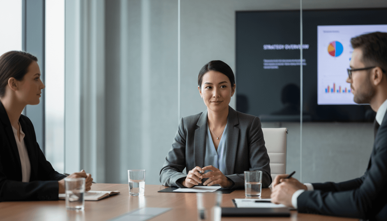 Professional in a calm, composed state during a high-stakes meeting